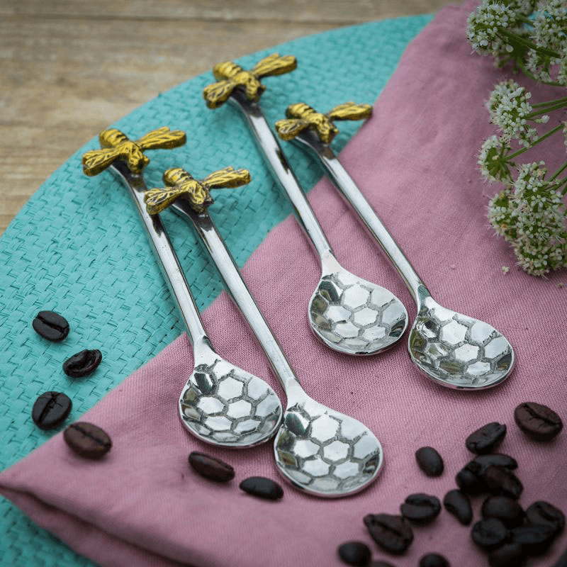 Bee Honeycomb Set of 4 Coffee Spoons, L13cm, Silver