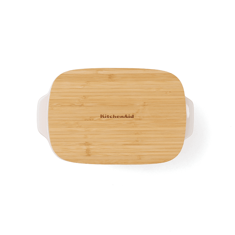 Stoneware Dish with Bamboo Lid, 26cm, Almond Cream