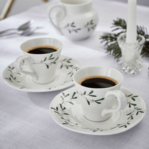 Image showing the Mistletoe Pair of espresso cup & saucers, 80ml, White/ Green product.