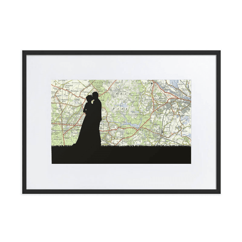 Personalised Map Print with Wedding Silhouette Voucher, 40 x 30cm, Black Frame