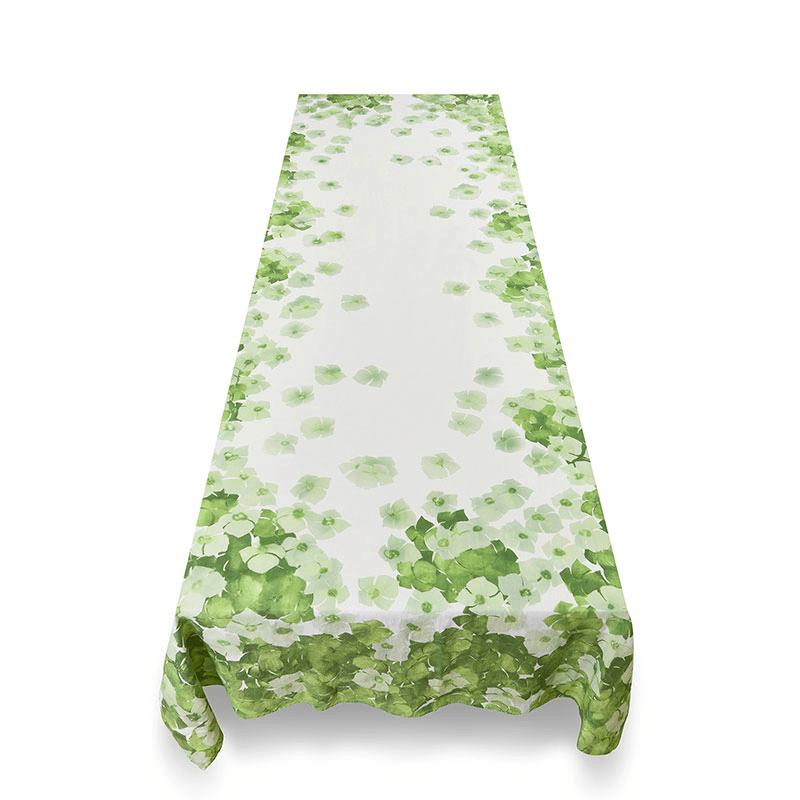 White Hydrangea Linen Tablecloth, 300cm x 165cm, Green