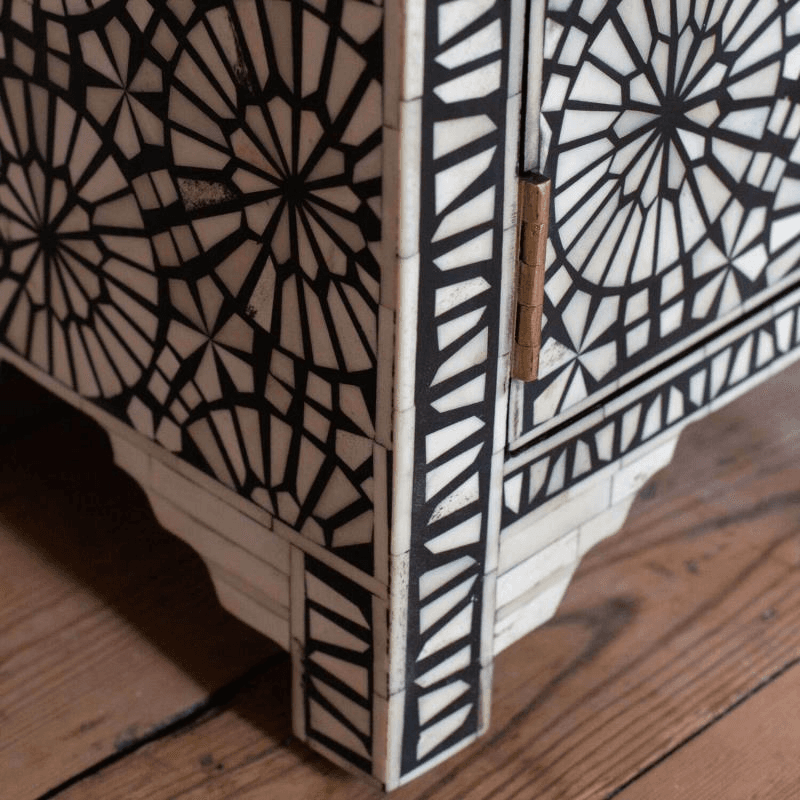 Kaleidoscope Bone Inlay Bedside Table, Black