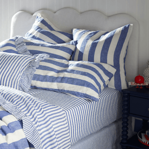 Image showing the Cora Stripe Linen Fitted Sheet, Double, Cobalt product.