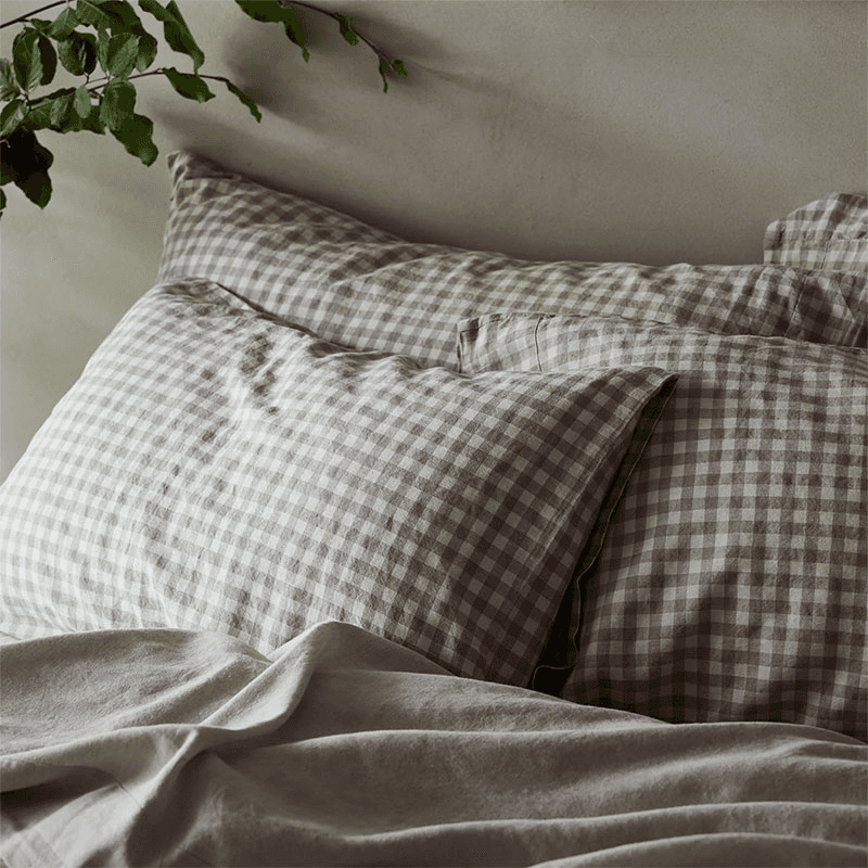 Gingham Linen Blend Pillowcase Pair, Standard, Mushroom