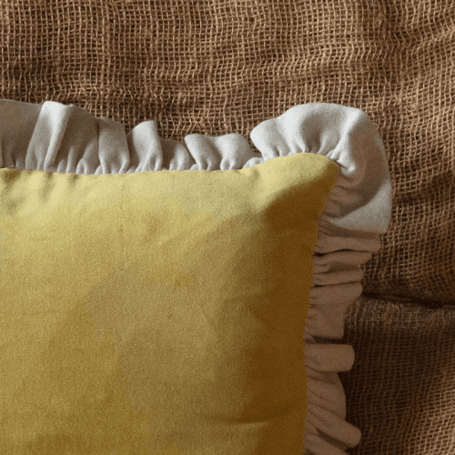 Image showing the Velvet & Linen Frilled Cushion, 60 x 60cm, Mustard product.
