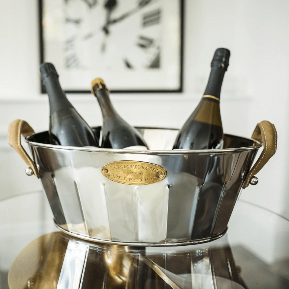 Heritage Champagne bath with leather handle, 19 x 49 x 30cm, Stainless Steel, Brass And Leather