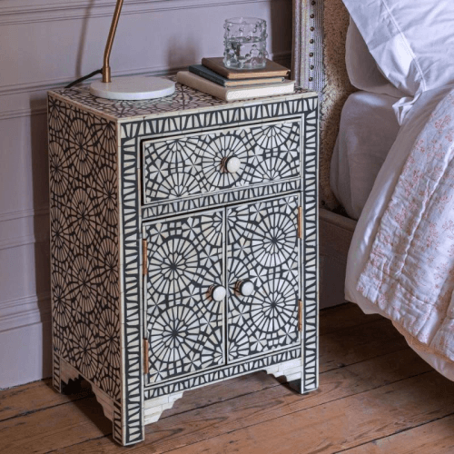 Image showing the Kaleidoscope Bone Inlay Bedside Table, Black product.