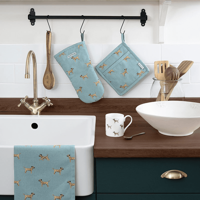 Border Terrier Set of 2 Tea Towels, Teal, Taupe, Brown