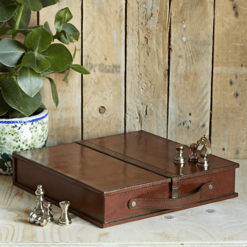 Image showing the Chess set, L33 x W33 x H7cm, tan leather product.