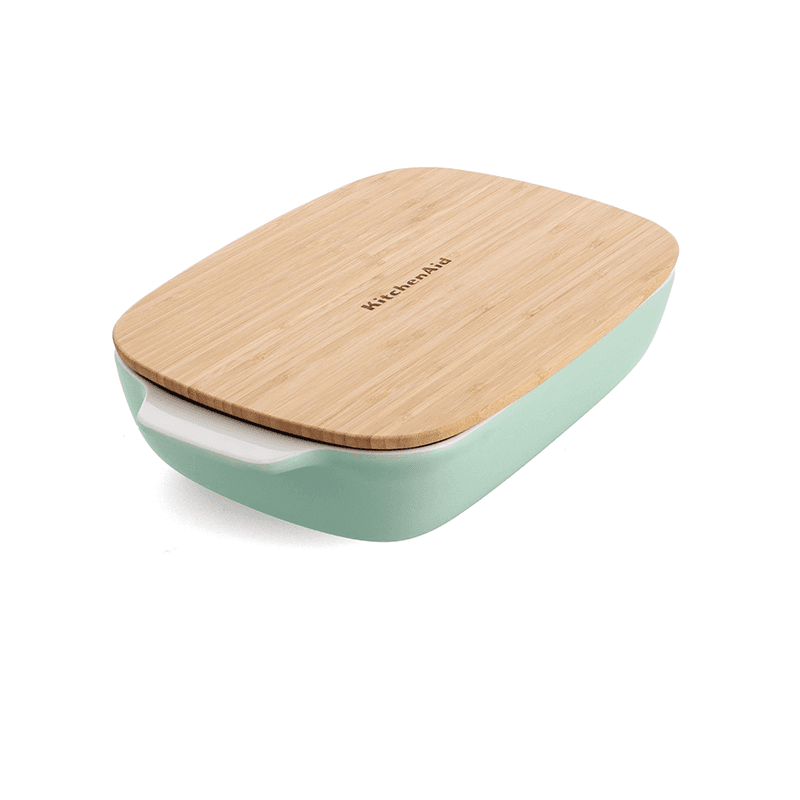 Stoneware Dish with Bamboo Lid, 32cm, Pistachio