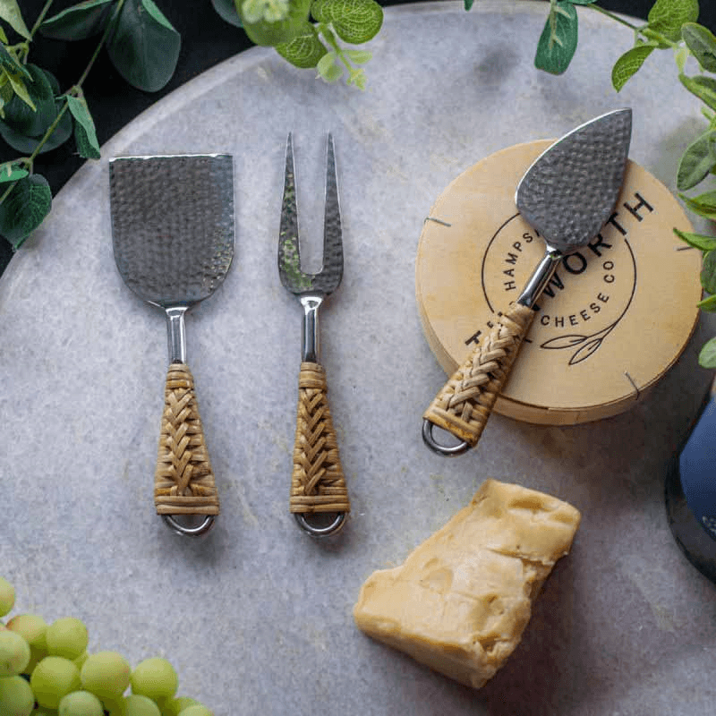 Rattan Cheese Utensil Set, Silver