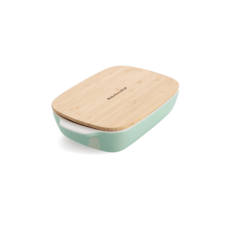 Stoneware Dish with Bamboo Lid, 26cm, Pistachio