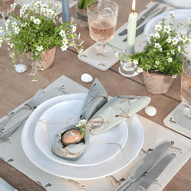 Boxing Hares Set of 4 Napkins, Duck Egg Grey