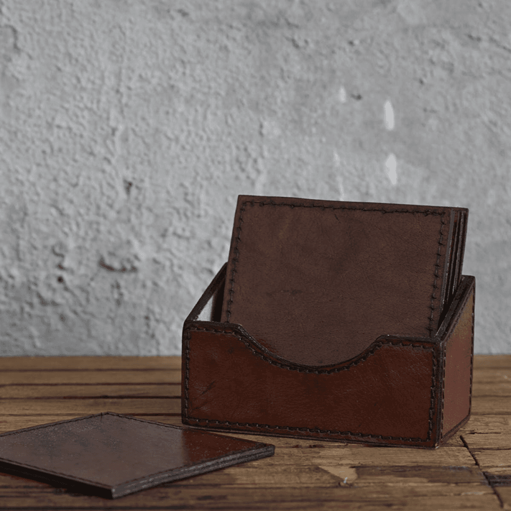 Leather Set of 6 Square Coasters, Conker Brown