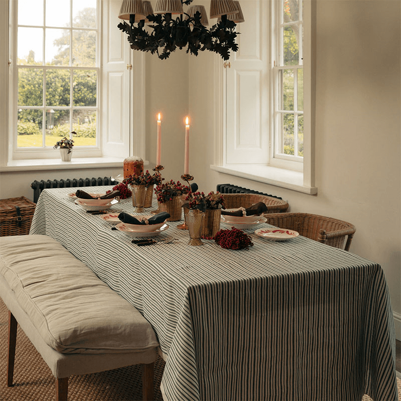 Victoria Striped Linen Tablecloth, 180 x 330cm, Fir Green