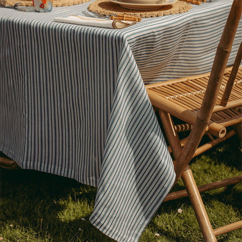 Victoria Striped Linen Tablecloth, 180 x 330cm, Chalk Blue