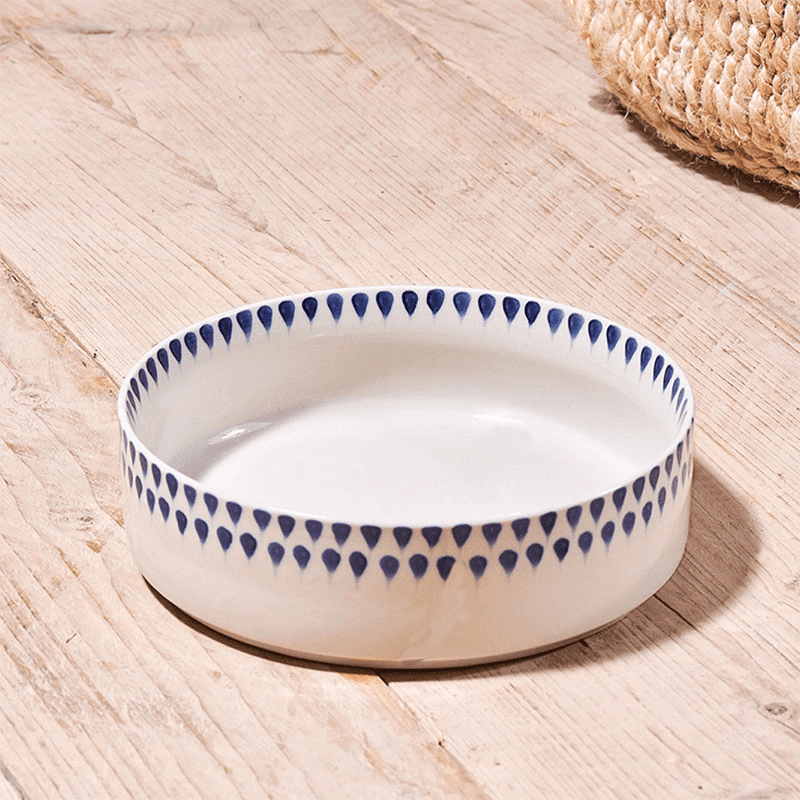 Indigo Drop Ceramic Pet Bowl, D15cm, Cream
