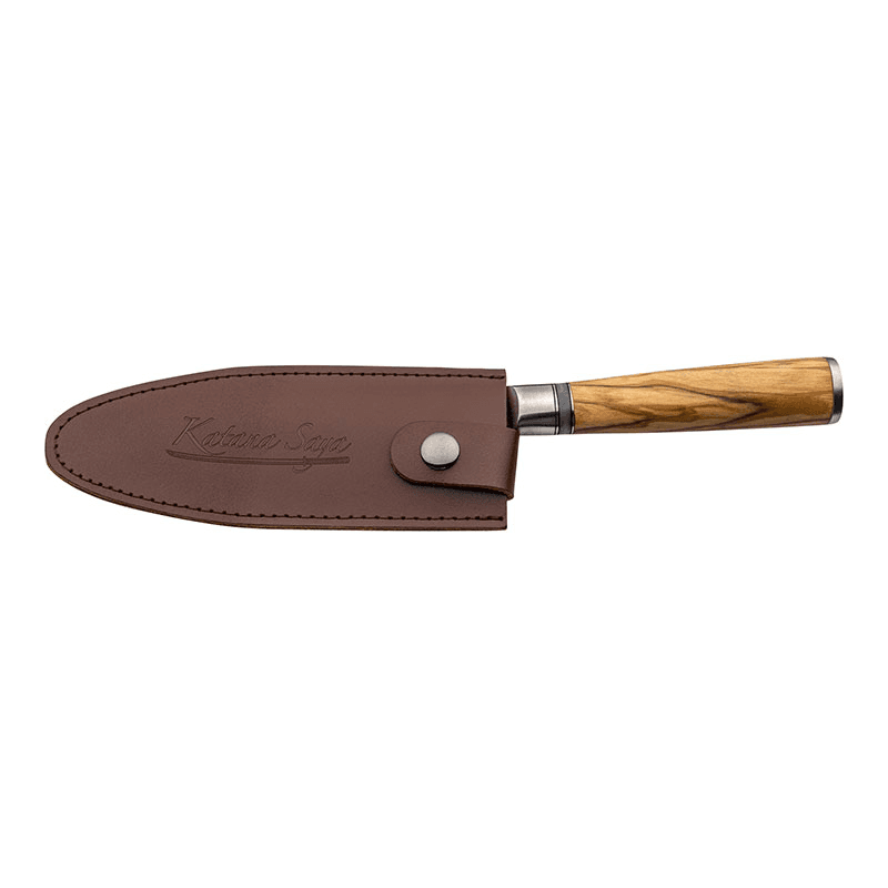 Katana Saya Olive Wood Cook's Knife, 15cm Damascus Blade