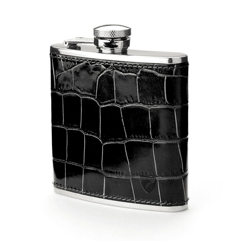 Classic Hip Flask, H11.5 x W9.5cm, Black Croc