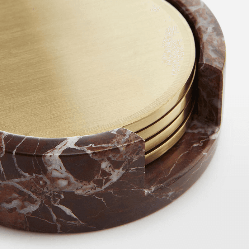 Kirtle Set of 4 Metal Coasters in Marble Holder, H4 x W11 x D11cm, Red