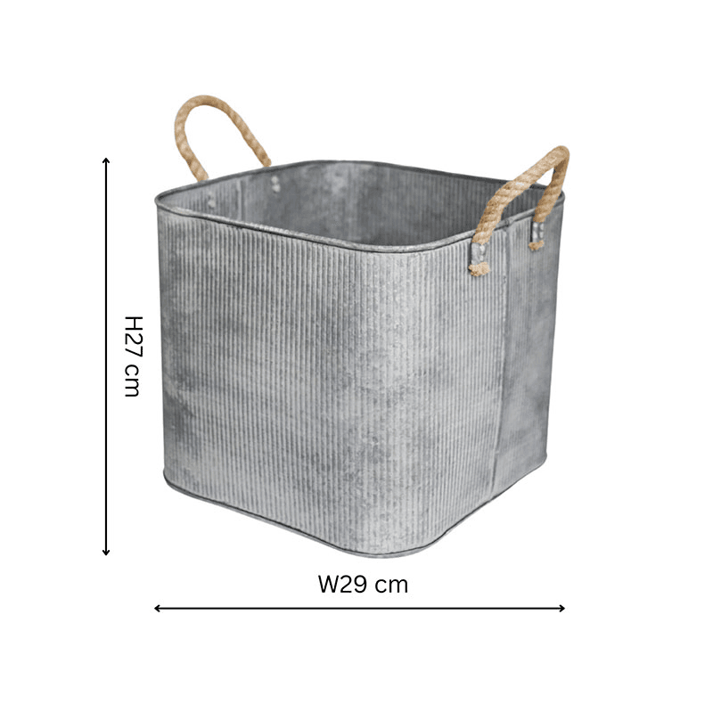 Galvanised Set of 2 Rope Handle Square Planters, Grey