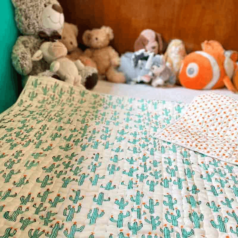 Cacti Blockprint Reversible Padded Quilt, 110 x 152cm, White/Jade Green