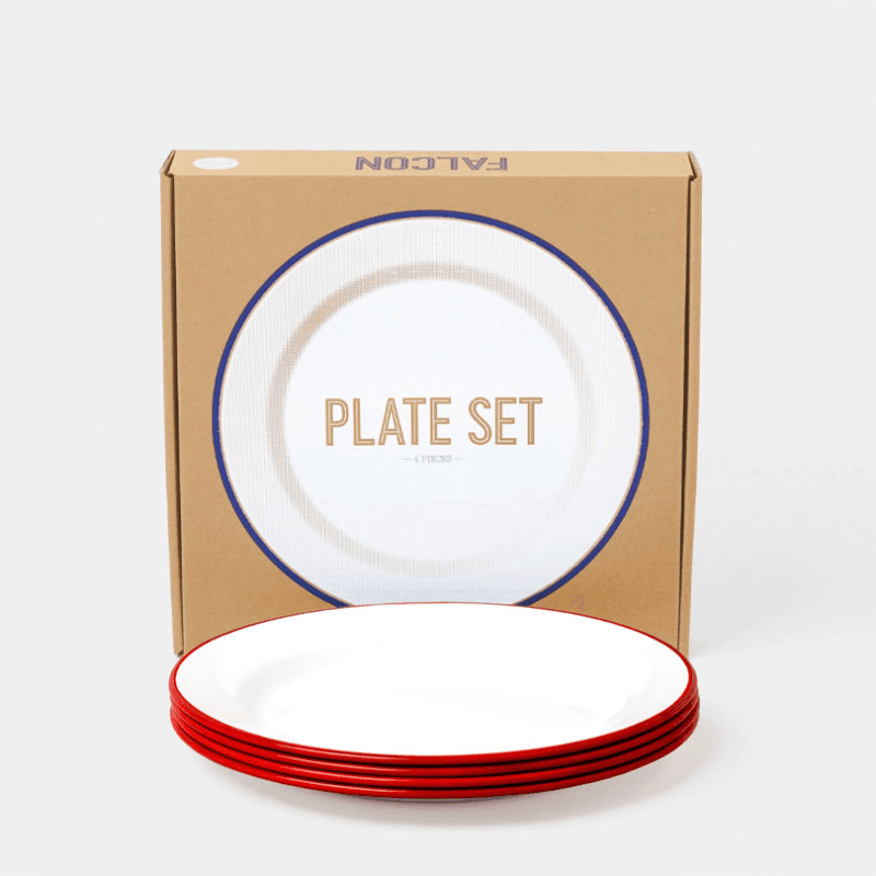 Enamelware Plate Set of 4, D24cm, Pillarbox Red Rim
