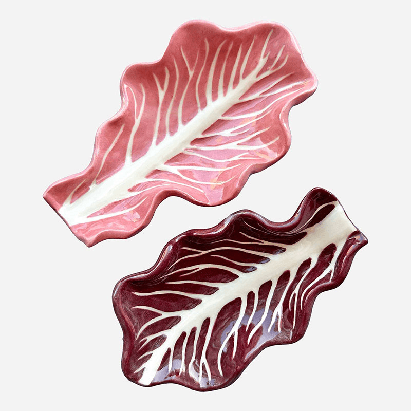 Minnie-Mae Studio Set of 2 Radicchio Leaf Dishes, 16cm x 7cm, Pink & Red
