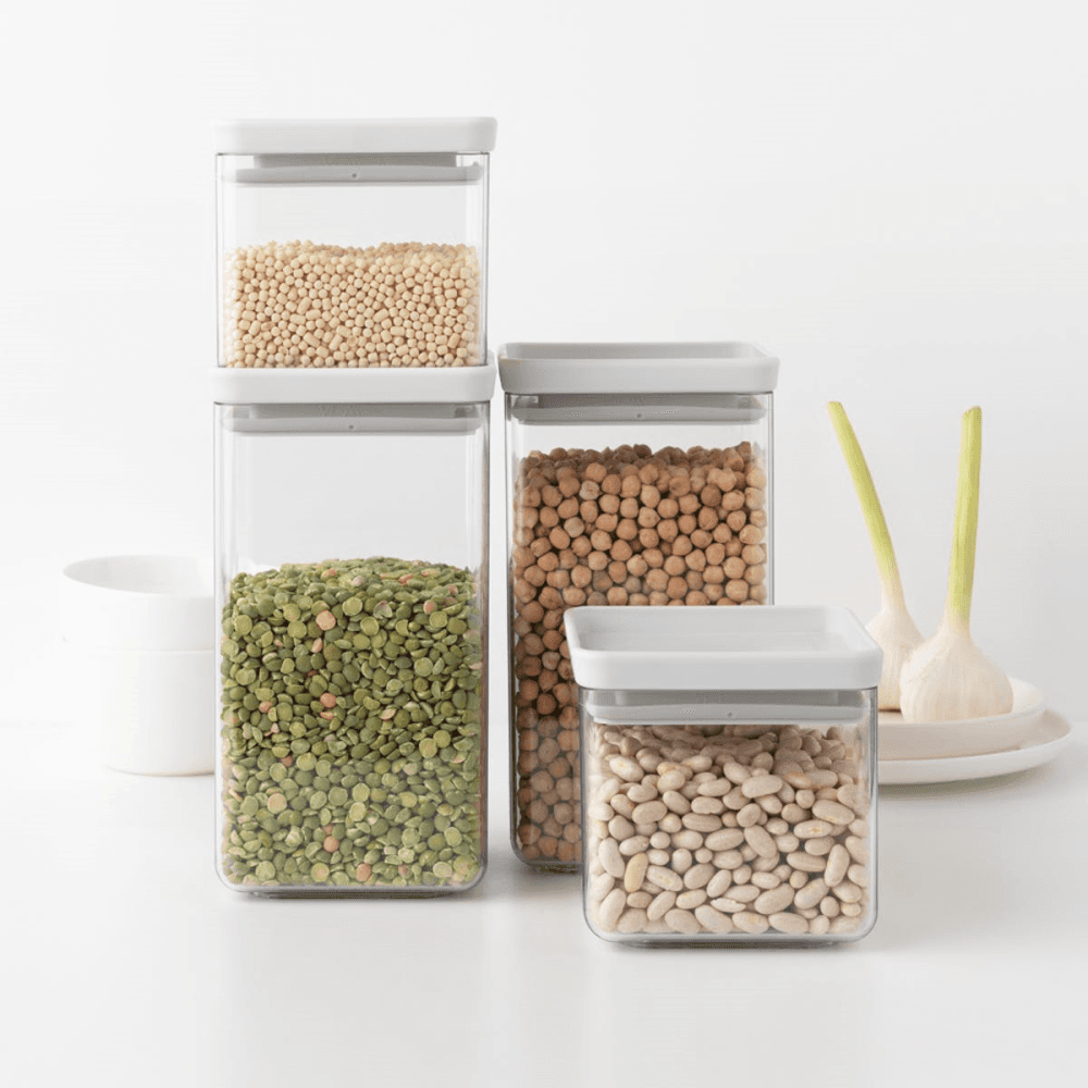 Tasty+ Stackable Square Canisters, Set of 4, Light Grey Lids