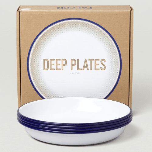Image showing the Set of 4 enamel deep plates, D22cm, White With Blue Rim product.