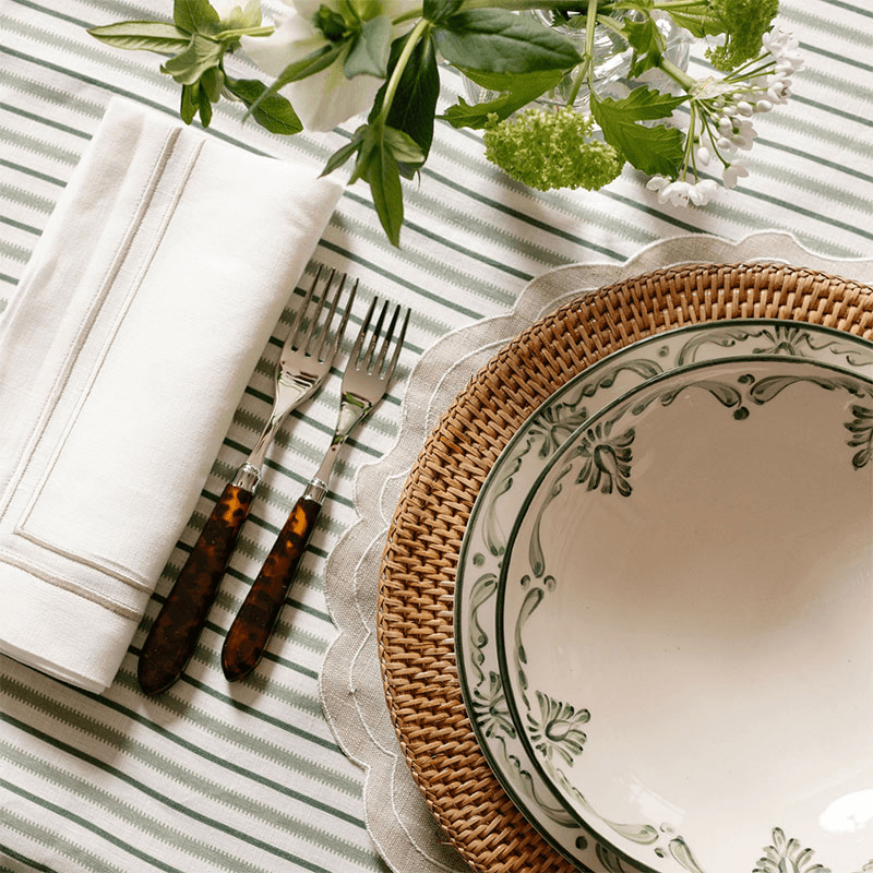 Victoria Striped Linen Tablecloth, 160 x 260cm, Chalk & Moss Green