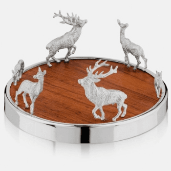 Image showing the Bottle Coaster, Red Deer Family, Teak & Silver Plate product.