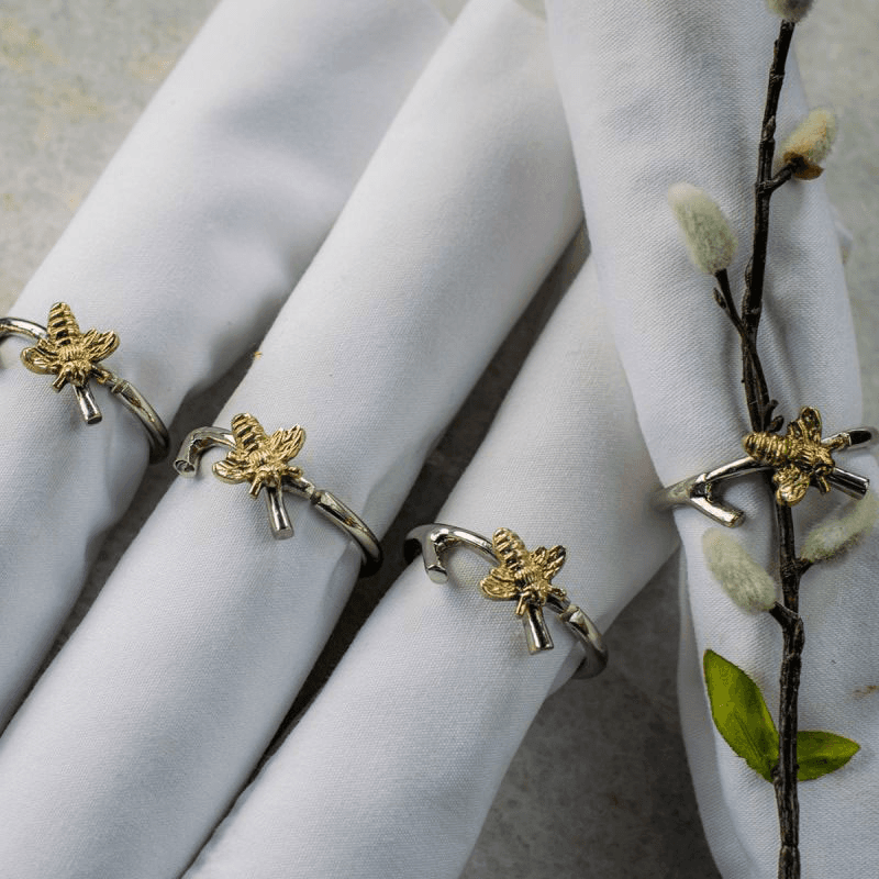 Bee Set of 4 Napkin Rings, D5cm, Silver
