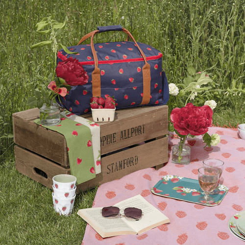 Image showing the Strawberries Picnic Bag, Navy/Brown/Red product.