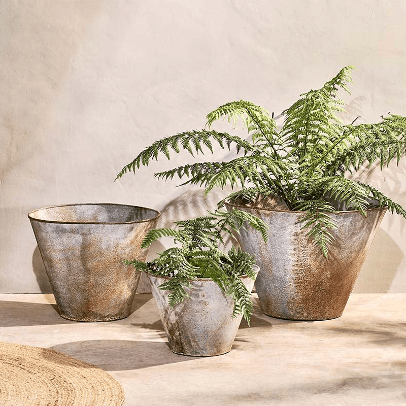 Abari Tapered Planter, H50 x W40cm, Aged Zinc/Brown