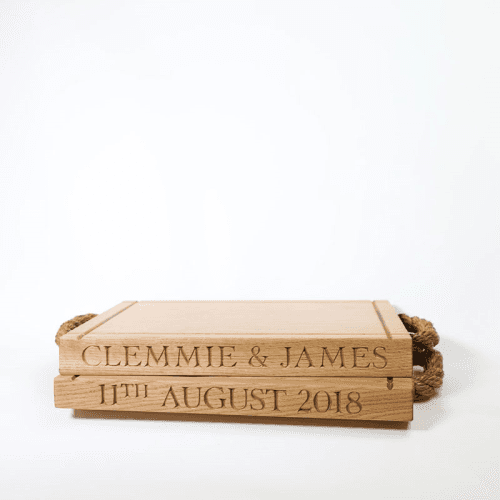 Image showing the Personalised thin rectangular board with rope handles, 40 x 30 x 3.5cm, Oak product.