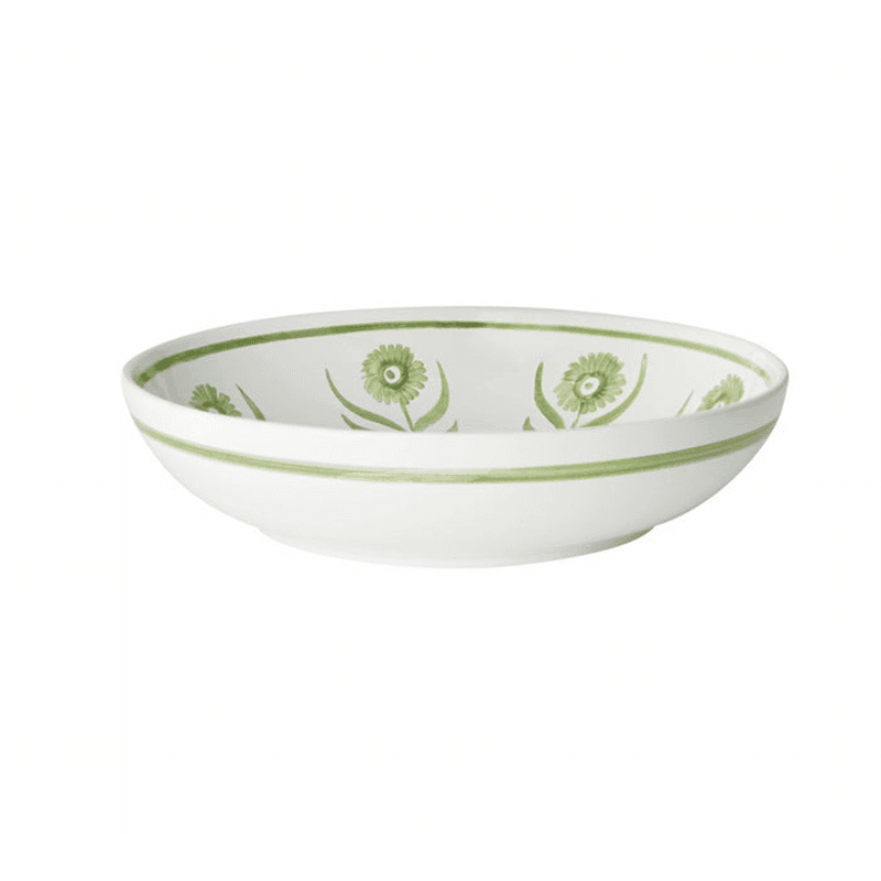 Green Summer Flower Shallow Bowl, Hand Painted in Portugal, 24cm