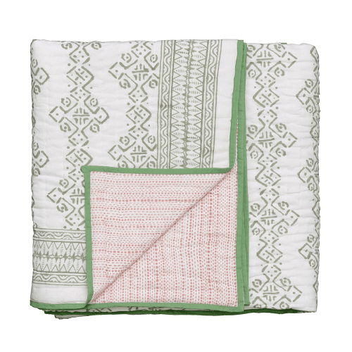 Image showing the Mali Star Double Quilt, 225 x 225cm, Green/Pink product.