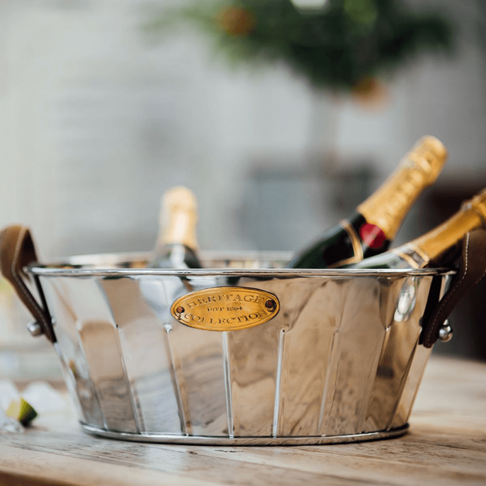Heritage Champagne bath with leather handle, 19 x 49 x 30cm, Stainless Steel, Brass And Leather