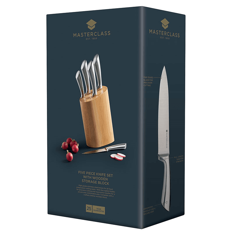 5 Piece Stainless Steel Knife Block set with Wooden Block