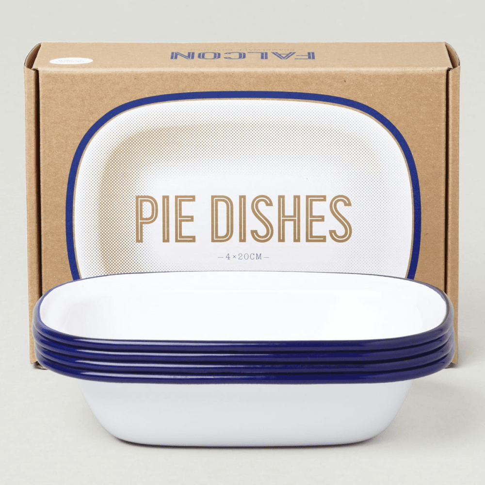 Set of 4 enamel pie dishes, D20cm, White With Blue Rim