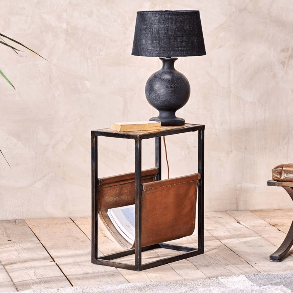 Alera Side table, H25 x W46 x L56cm, Natural & Brown Leather