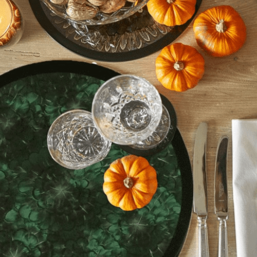 Feather and Glass Table Centre, D40cm, Green Pheasant