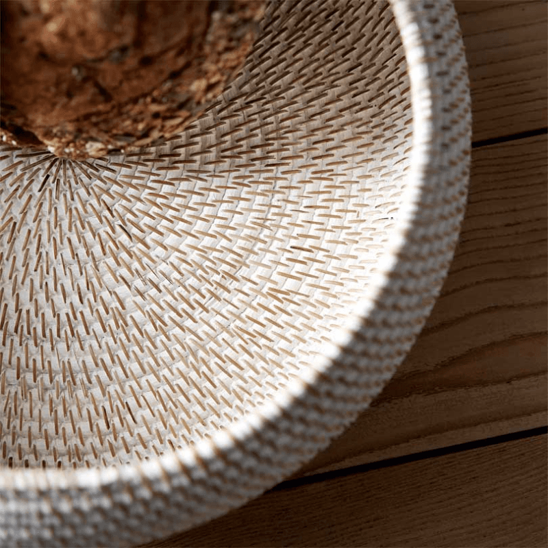 Whitewashed Rattan Round Bowl, H15 x W34cm, White