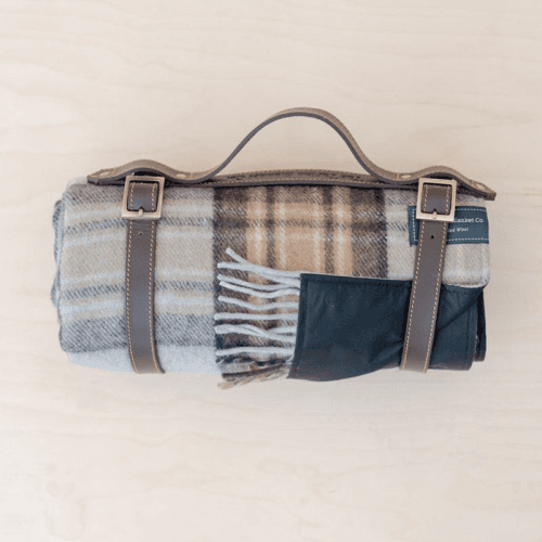 Image showing the Recycled Wool Picnic Blanket with Brown Leather Carrier, 140 x 190cm, Mackellar Tartan product.