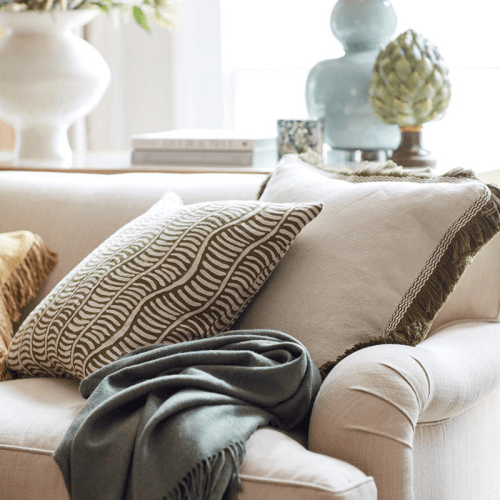 Image showing the Elspeth Cushion Cover with Fringing, 56 x 56cm, Natural/Green product.