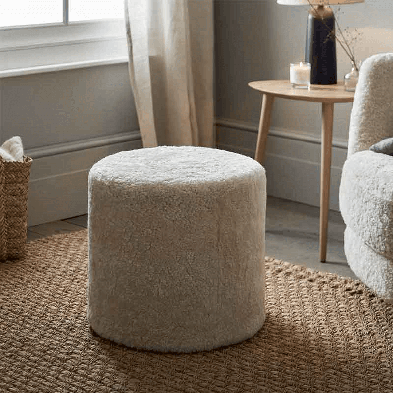 The White Company Sheepskin Stool, Small Pouffe, Pearl, 45cm x 50cm