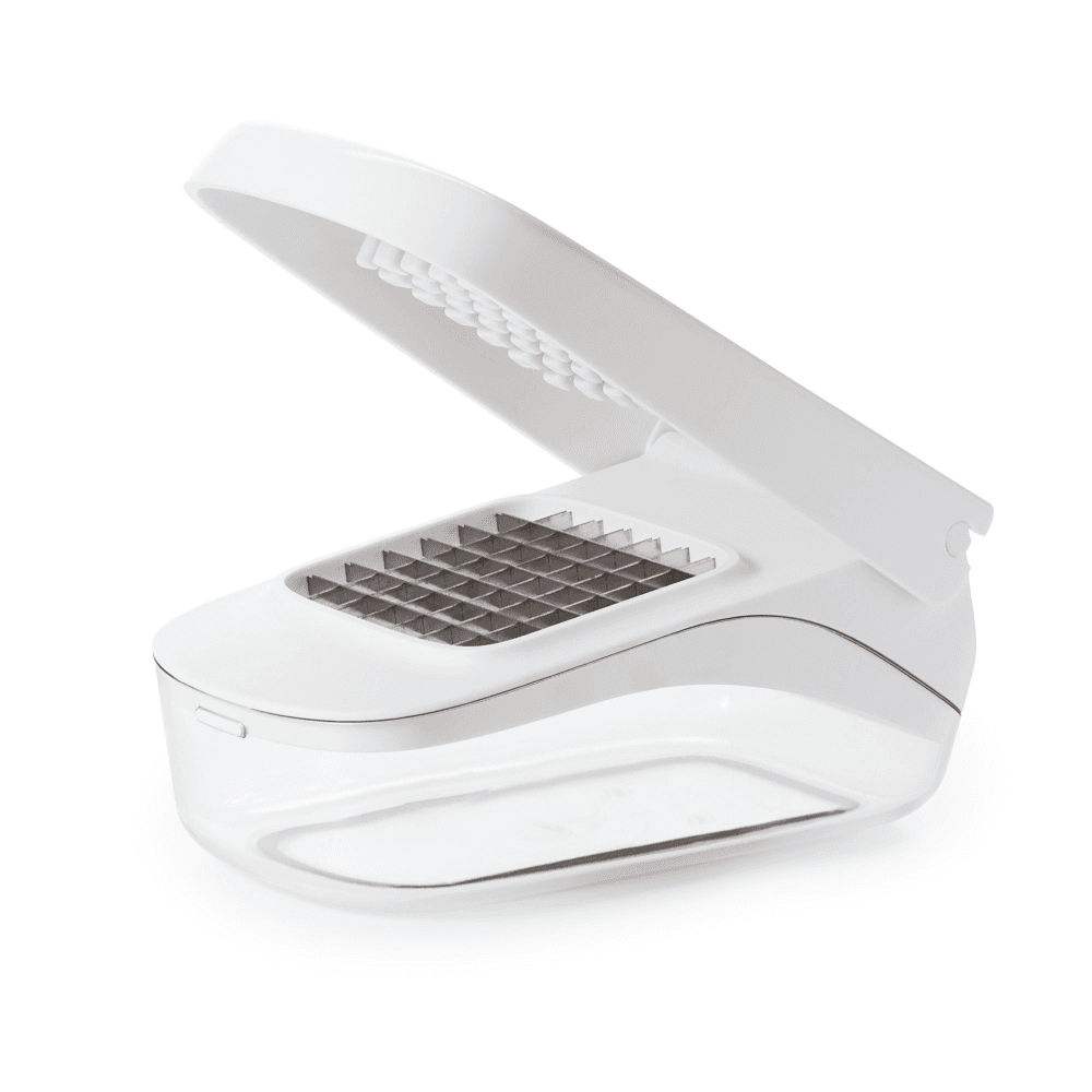 Vegetable chopper with easy pour opening