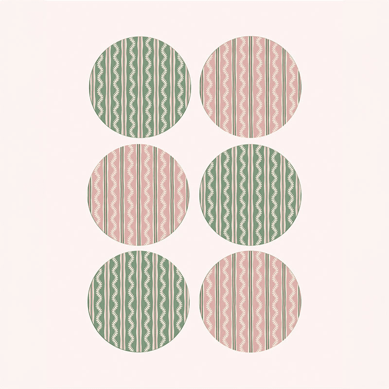 Vines Set of 6 Placemats, D29cm, Green & Pink