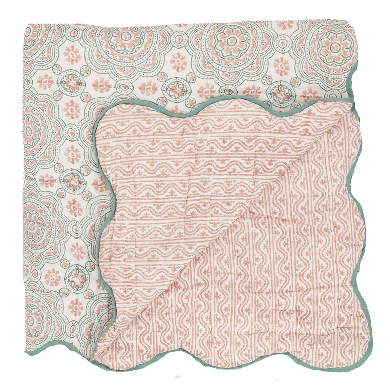Calabria Scallop Double Quilt, 225 x 225cm, Pink/Aqua